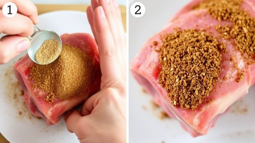 process: applying dry rub seasoning to raw pork butt with hands, close-up of spice mixture, natural kitchen lighting, no text or watermarks