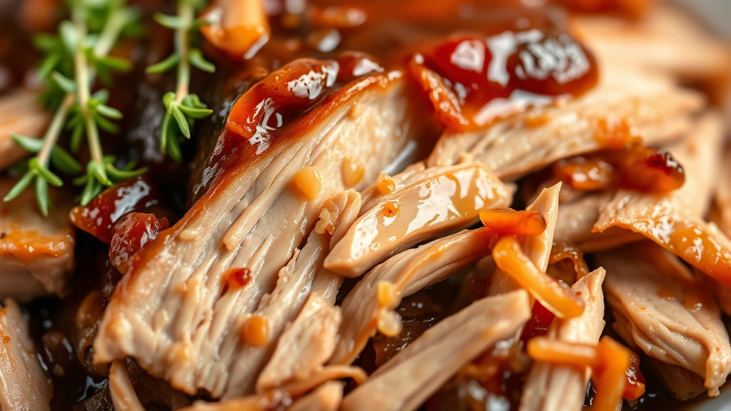 detail: close-up of tender, juicy shredded pork with glossy sauce coating, fresh thyme garnish, shallow depth of field, natural light, no text or watermarks