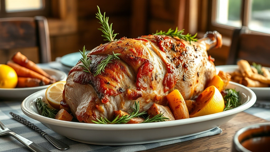 hero: perfectly roasted pork butt with golden crispy skin on a white ceramic platter, garnished with fresh rosemary and thyme sprigs, surrounded by roasted root vegetables and fresh lemon wedges, warm natural window light streaming across the scene, rustic farmhouse table setting, photorealistic, no text