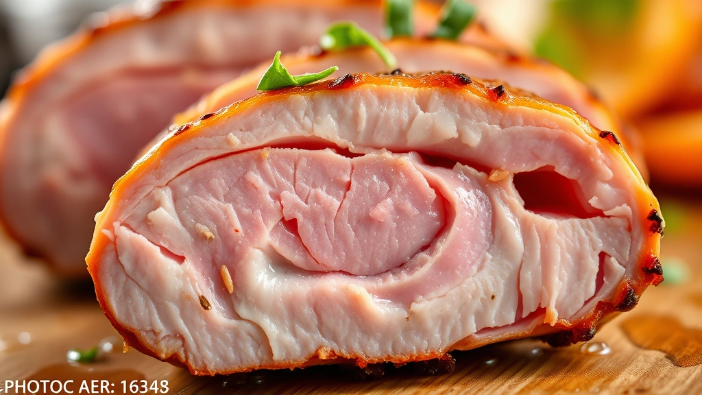 detail: close-up cross-section of sliced pork butt showing tender pink interior with beautiful layers, glistening with natural juices, fresh herb garnish on top, shallow depth of field, photorealistic, warm natural light, no text