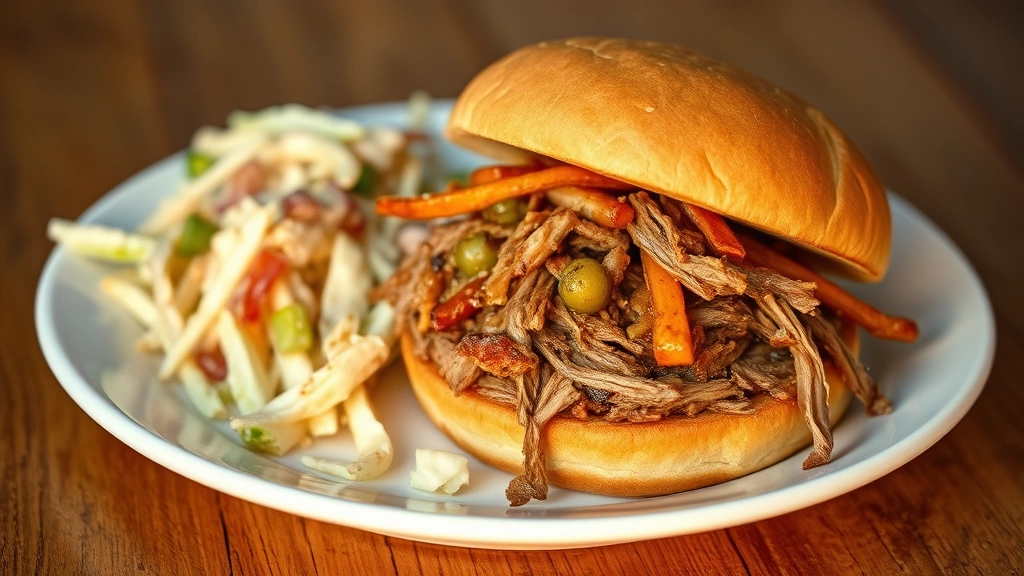 hero: Perfectly shredded pork butt pulled pork on a white plate with soft hamburger bun and coleslaw, photorealistic, golden lighting, appetizing presentation, no text