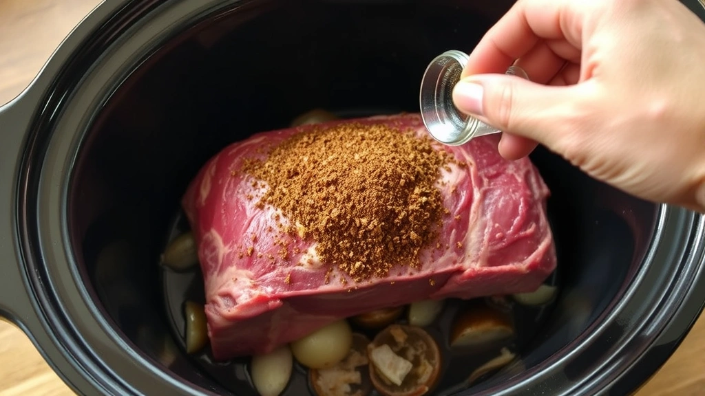 process: Dry rub being applied to raw pork butt in slow cooker with onions visible, photorealistic, natural kitchen lighting, no text