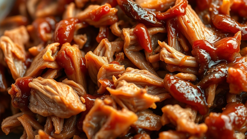 detail: Close-up of tender, fall-apart pulled pork texture with sauce glistening, photorealistic, warm natural light, no text