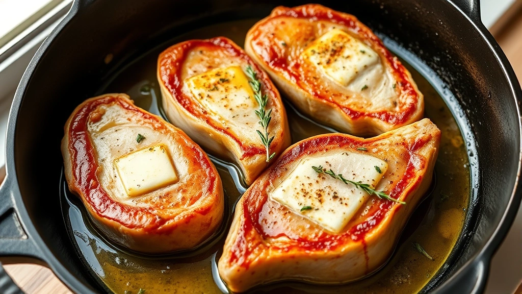 hero: Four perfectly cooked bone-in pork chops in a cast-iron skillet with melted butter and fresh thyme, golden crust, photorealistic, natural daylight from window, no text