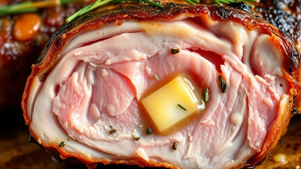 detail: Close-up of juicy cross-section of brined pork chop showing tender pink center with herbs and butter, photorealistic, macro photography, natural light, no text