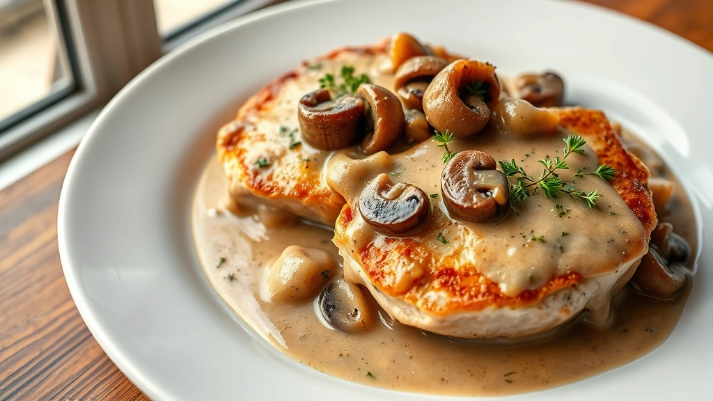 hero: golden-brown pork chops with creamy mushroom sauce and caramelized onions in a white plate, garnished with fresh thyme and parsley, warm natural window light, food photography style, shallow depth of field, photorealistic, no text