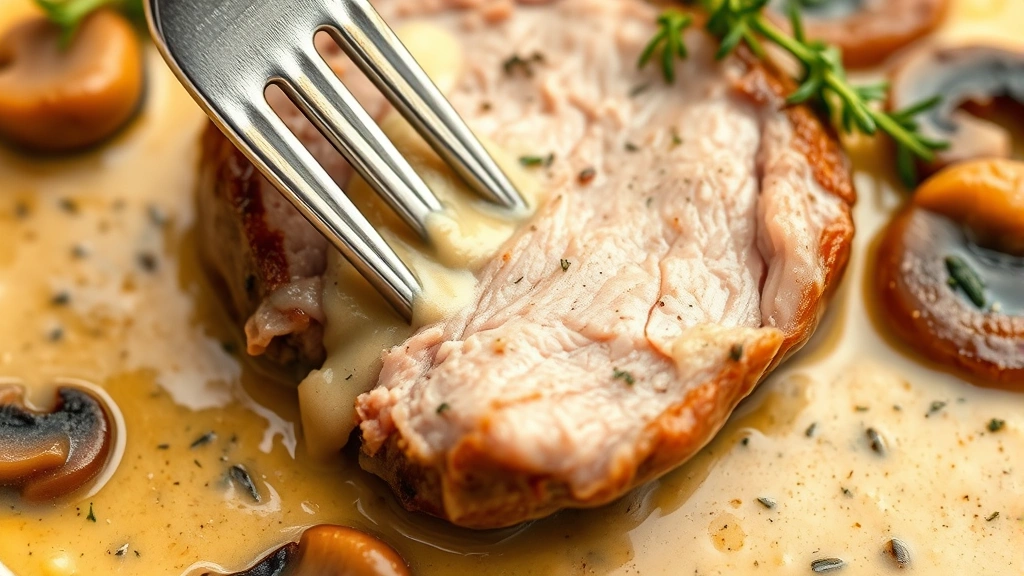 detail: close-up of tender pork chop with fork cutting through, creamy mustard sauce with mushrooms and caramelized onions, fresh thyme garnish visible, warm natural light highlighting sauce texture, photorealistic, no text