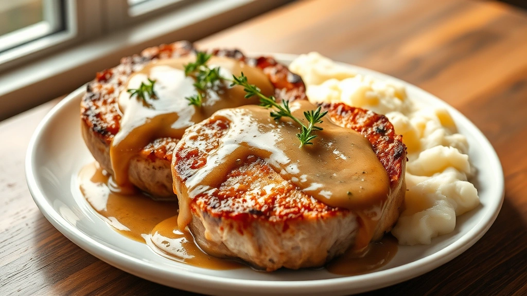 hero: perfectly seared pork chops topped with creamy brown gravy and fresh thyme sprigs, served on a white plate with mashed potatoes, photorealistic, warm natural light from window, no text
