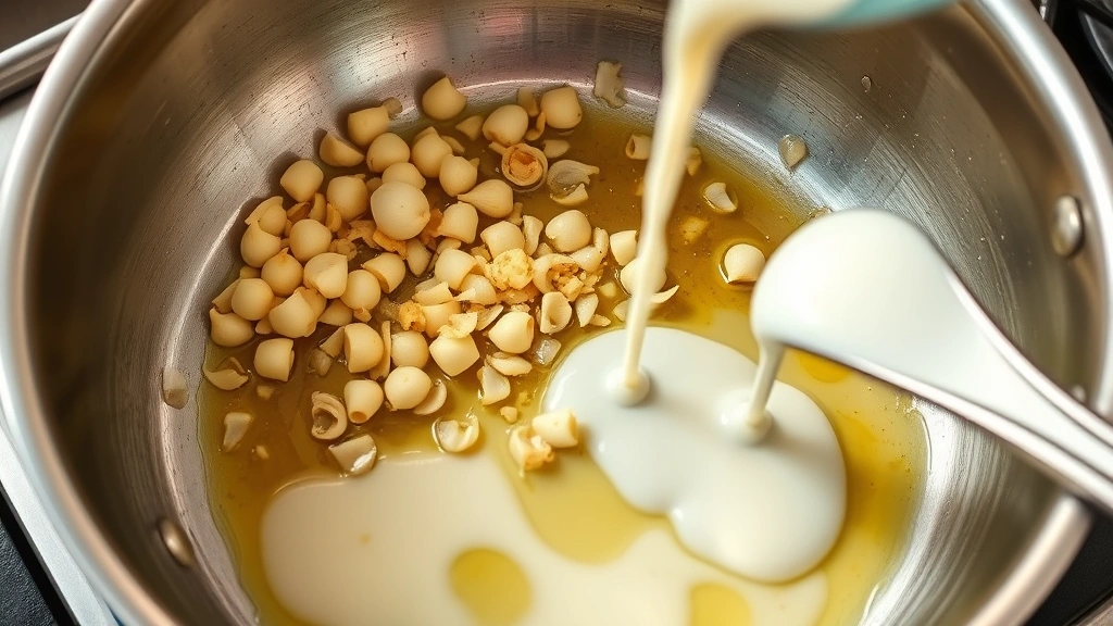 process: shallots and garlic sizzling in butter in a stainless steel skillet with fond visible on bottom, cream being poured into pan, photorealistic, bright kitchen lighting, no text