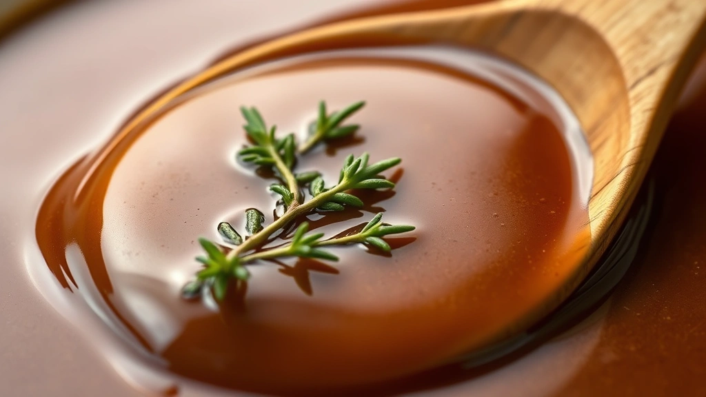 detail: close-up of glossy brown gravy with thyme leaf floating on surface, creamy texture visible, wooden spoon in background, photorealistic, soft natural light, no text