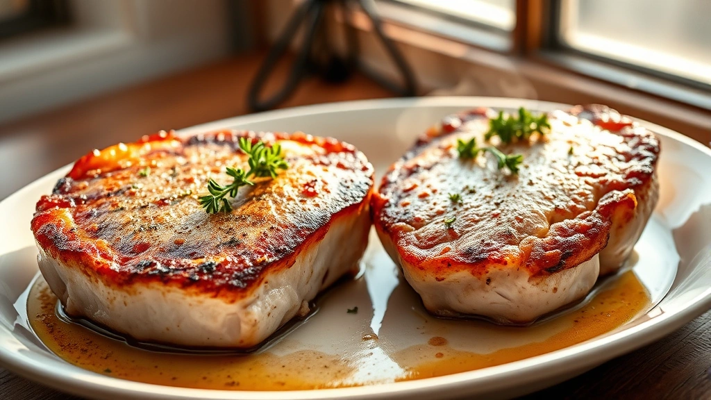 hero: perfectly seared pork chops with golden-brown crust topped with fresh thyme, plated on white ceramic dish, warm natural window light, steam rising, no text