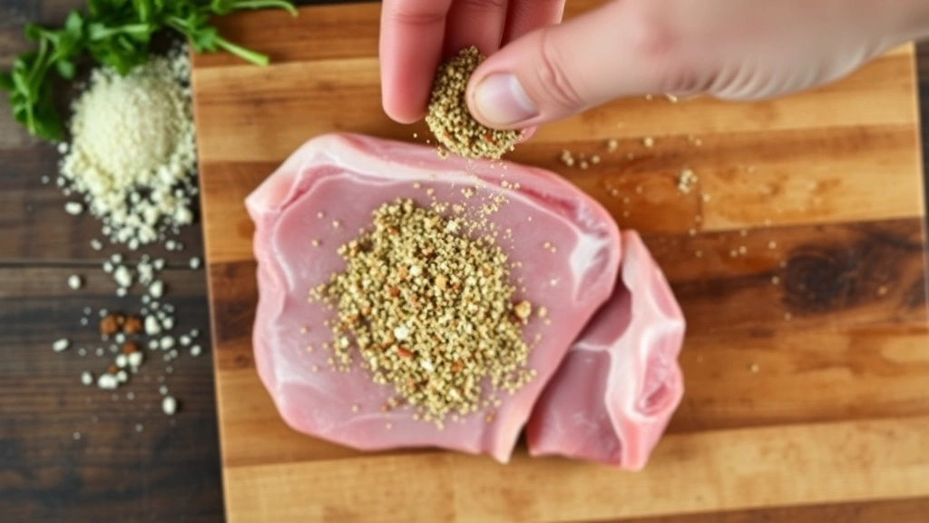 process: hand sprinkling pork chop seasoning blend onto raw pork chop on wooden cutting board, ingredients scattered nearby, overhead shot, natural light, no text