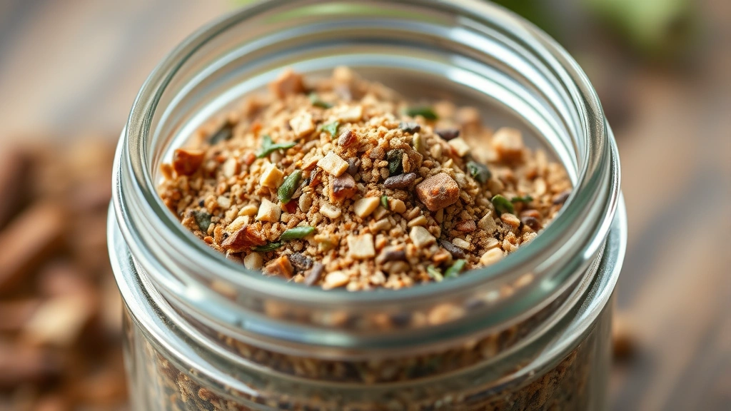 detail: close-up of pork chop seasoning blend in small glass jar, showing individual spice components and herbs, shallow depth of field, natural light, no text