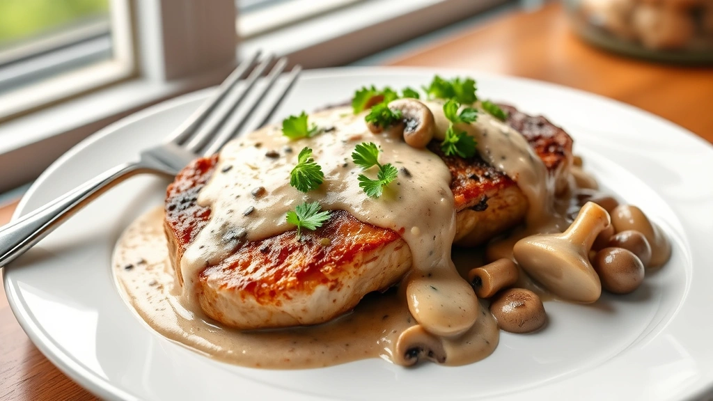 hero: plated pork chop supreme with mushroom cream sauce and fresh parsley garnish on white plate, photorealistic, natural window light, fork beside plate, no text