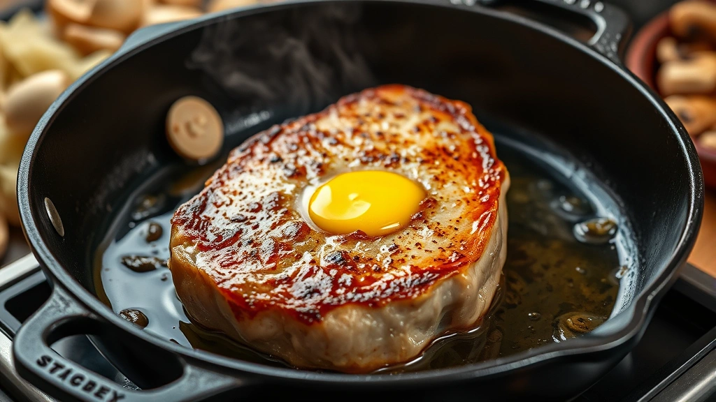 process: searing golden pork chop in cast iron skillet with butter, mushrooms and onions in background, photorealistic, natural light, steam rising, no text