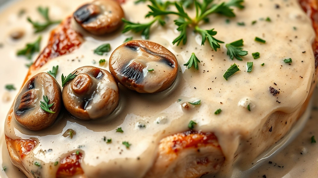 detail: close-up of creamy mushroom sauce coating pork chop with fresh thyme and parsley, photorealistic, macro photography, natural light, no text