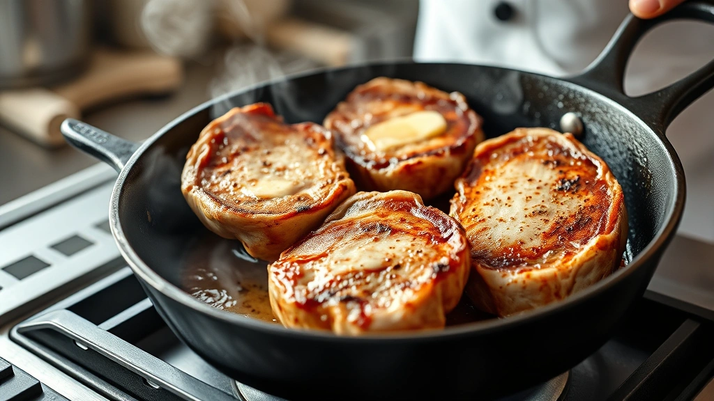 process: chef searing thick pork chops in cast iron skillet with butter and oil, golden crust forming, steam rising, close-up action shot, natural kitchen light, photorealistic, no text