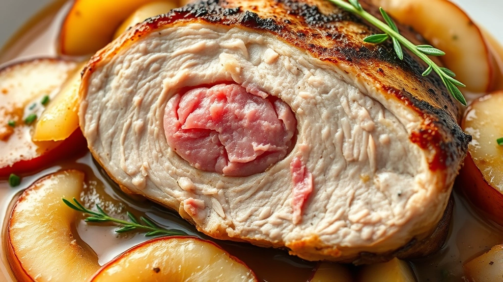 detail: close-up of perfectly cooked pork chop cross-section showing juicy pink center, surrounded by glossy caramelized apple slices and creamy onions in sauce, garnished with fresh herbs, natural daylight, photorealistic, no text