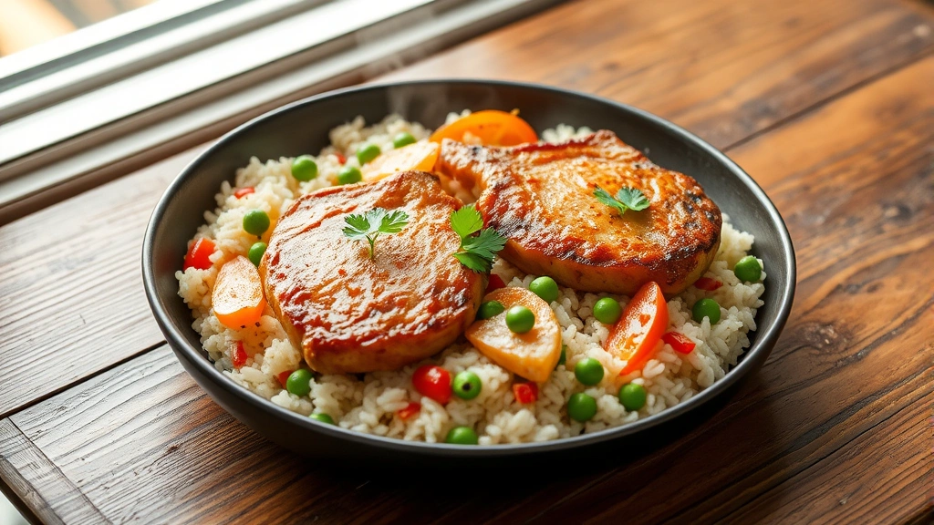hero: golden-brown pork chops nestled in fluffy rice with colorful bell peppers and peas, steam rising, garnished with fresh parsley, warm natural light from window, overhead shot, on rustic wooden table, appetizing and inviting, no text