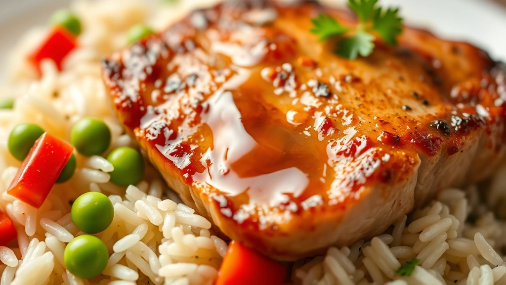 detail: close-up of perfectly cooked pork chop with juice glistening, fluffy white rice grains with green peas and red bell pepper pieces, fresh parsley garnish visible, macro photography, shallow depth of field, warm natural light, no text