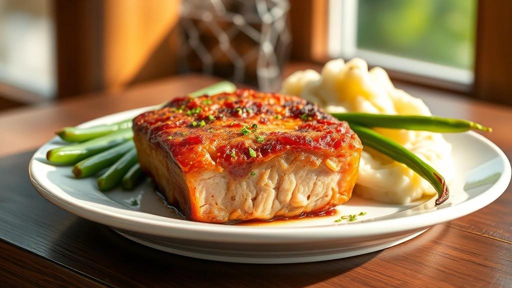 hero: golden-brown crispy pork cube steak on white plate with mashed potatoes and green beans, steam rising, photorealistic, natural window light, no text