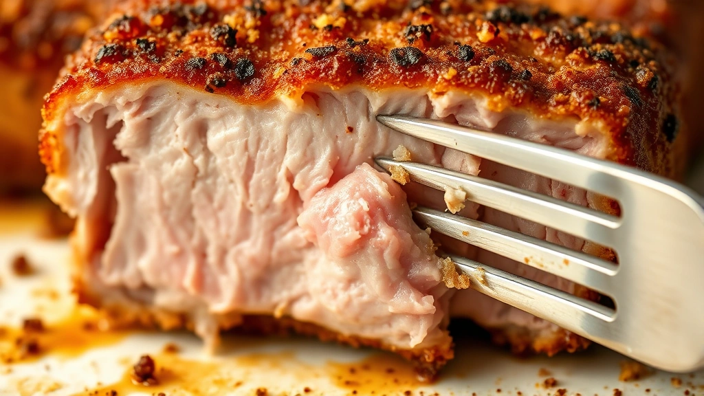 detail: close-up cross-section of cooked pork cube steak showing crispy breaded exterior and juicy pink interior, fork cutting through, photorealistic, natural light, no text
