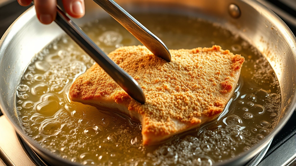 process: hand holding tongs flipping breaded pork cutlet in bubbling hot oil in stainless steel skillet, golden breadcrumbs, steam rising, close angle