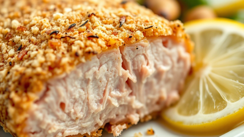 detail: cross-section of cooked pork cutlet showing crispy panko crust and tender juicy meat interior, fresh lemon wedge beside, shallow focus on texture