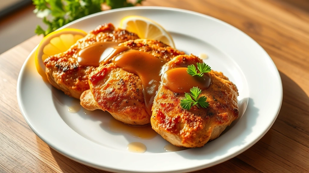 hero: golden-brown crispy pork cutlets on white plate with fresh lemon wedges and parsley garnish, pan sauce drizzled over top, photorealistic, natural daylight streaming from left, professional food photography, no text