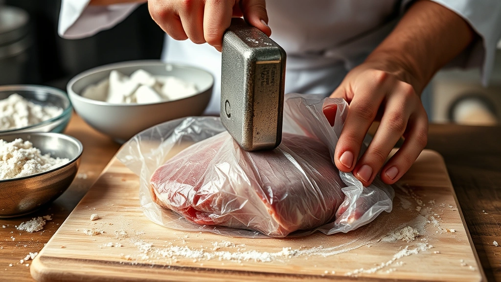 process: chef's hands pounding pork cutlet with meat mallet between plastic wrap, flour and breadcrumb bowls visible in background, photorealistic, natural kitchen lighting, action shot, no text