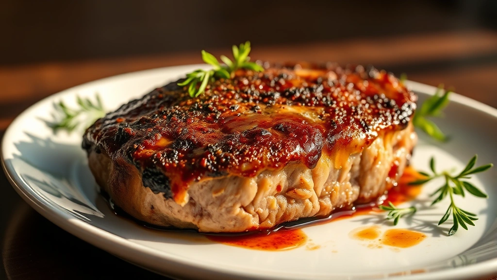 hero: perfectly cooked pork chop with dark brown rub crust, juices glistening, plated on white dish with fresh herbs garnish, photorealistic, golden hour natural light, no text