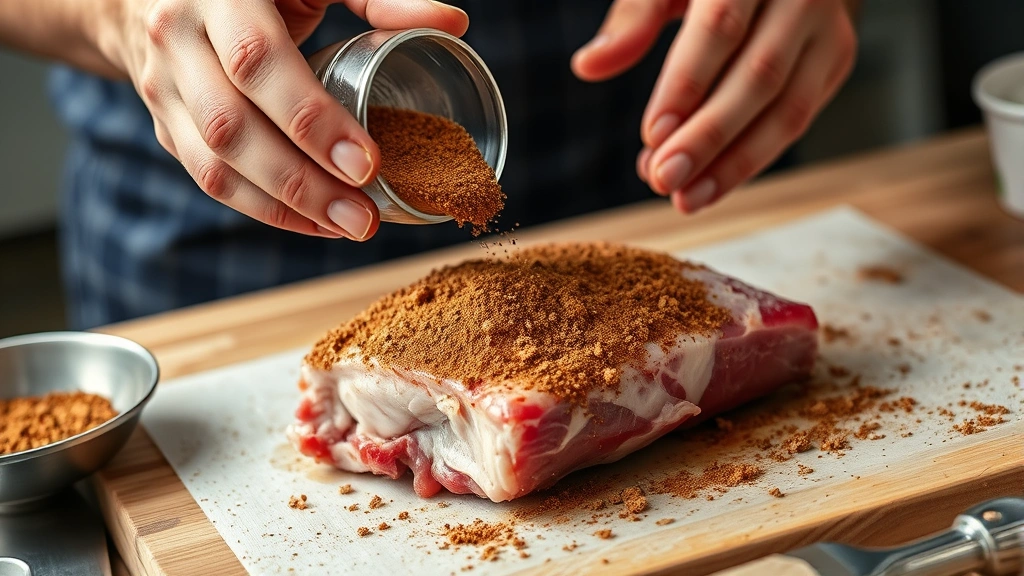 process: hands applying dry rub spice mixture to raw pork shoulder, close action shot, photorealistic, bright kitchen lighting, no text