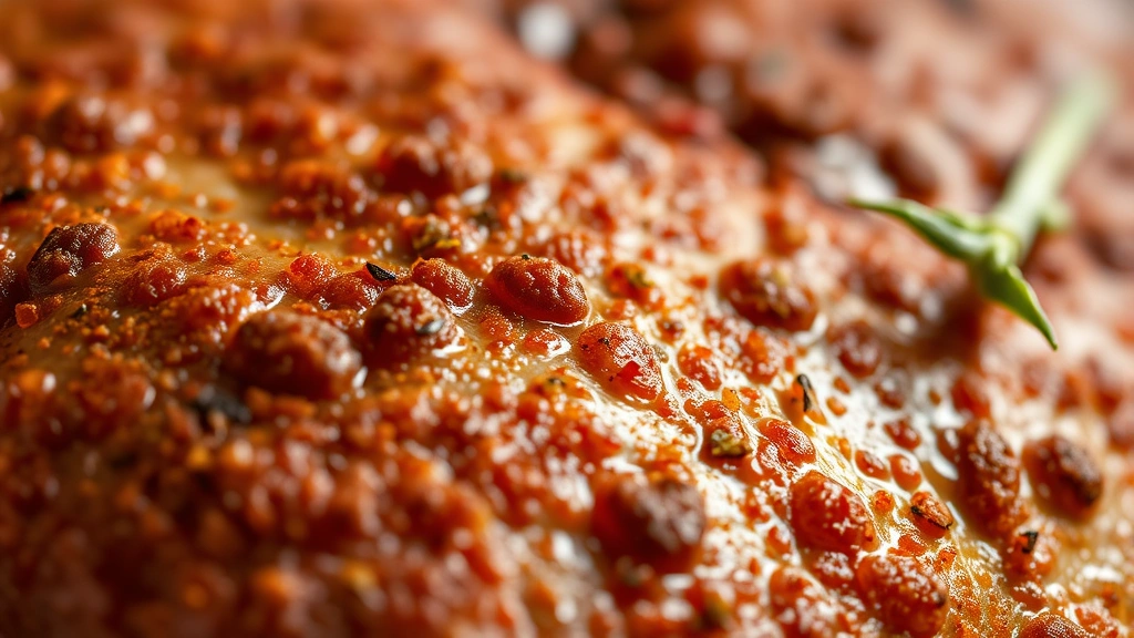 detail: macro close-up of pork surface showing textured spice crust with paprika and herbs visible, photorealistic, natural diffused light, no text