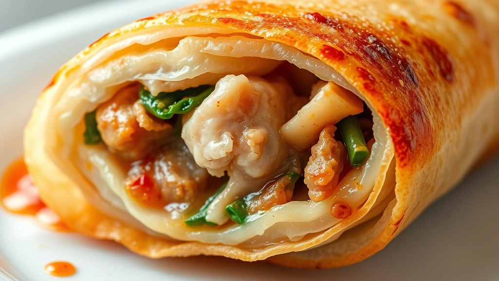 detail: close-up cross-section of cooked pork egg roll showing steaming filling with visible pork and vegetables, golden-brown wrapper exterior, photorealistic, natural light, no text