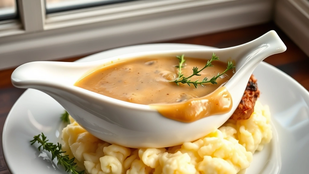 hero: creamy pork gravy in white gravy boat with fresh thyme garnish, served over fluffy mashed potatoes with pork chops, photorealistic, natural window light, no text