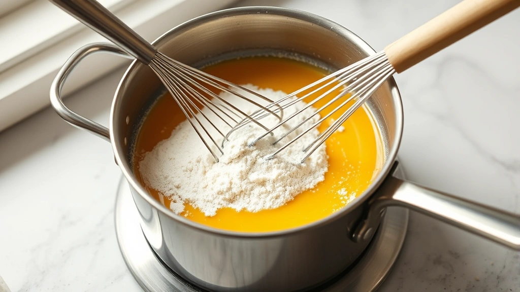 process: whisking flour into melted butter to create golden roux in stainless steel saucepan, photorealistic, natural kitchen light, no text