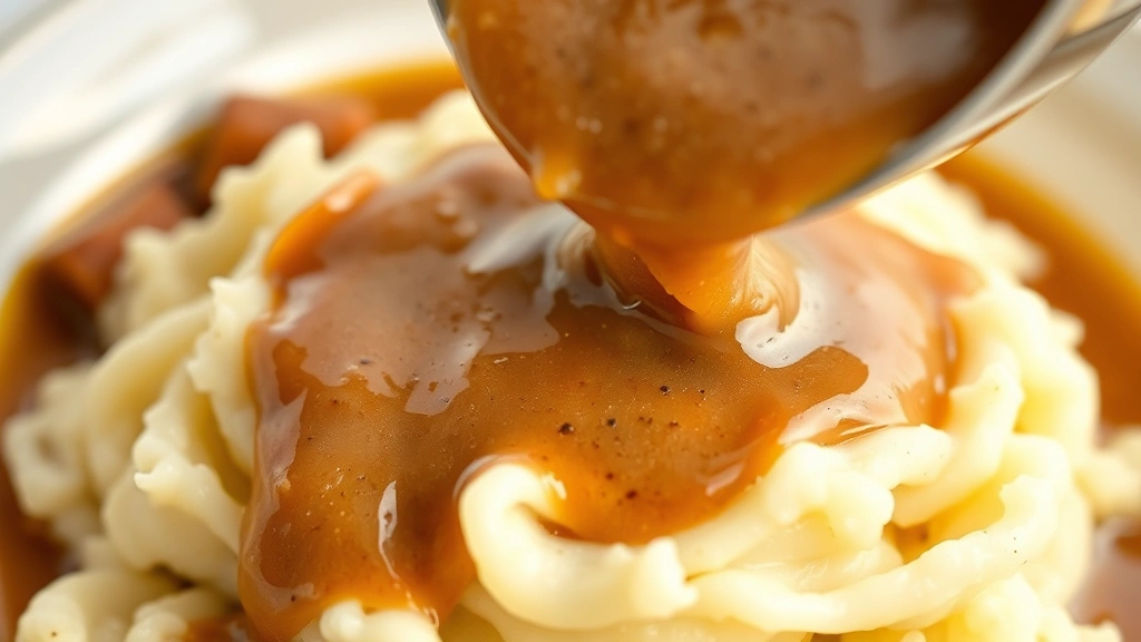 detail: close-up of silky pork gravy being poured over mashed potatoes, showing perfect consistency and glossy finish, photorealistic, natural light, no text