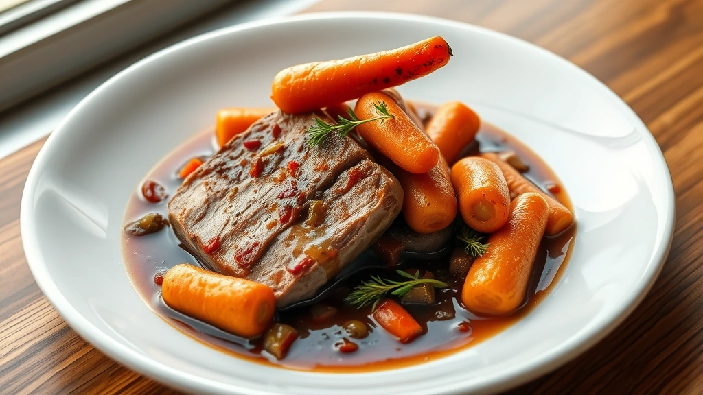 hero: braised pork jowl in rich wine sauce with carrots and herbs, served on white plate, photorealistic, natural window light, no text, restaurant quality