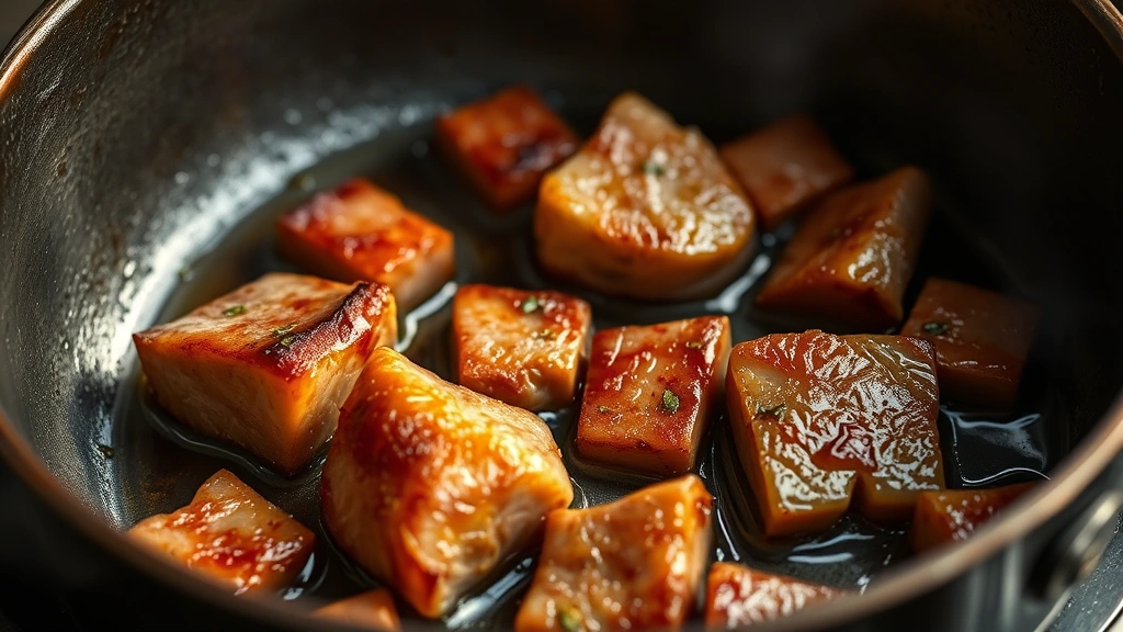process: searing pork jowl chunks in Dutch oven creating golden crust, oil glistening, photorealistic, natural light, no text
