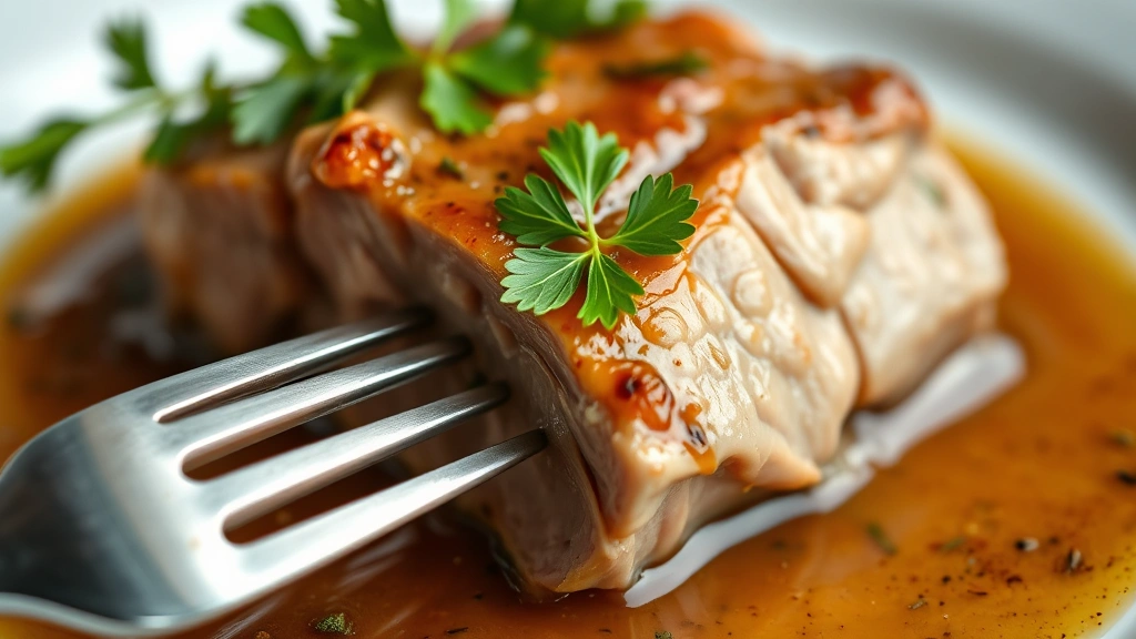 detail: close-up of fork-tender pork jowl with silky sauce and fresh parsley garnish, photorealistic, natural light, no text