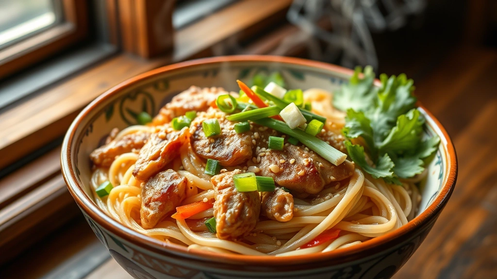hero: steaming bowl of pork lo mein with fresh vegetables and noodles, photorealistic, natural daylight from window, garnished with sesame seeds and green onions, no text