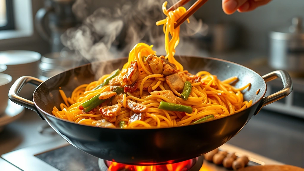 process: chef tossing pork lo mein in wok over high heat with steam rising, photorealistic, warm kitchen lighting, motion captured, no text