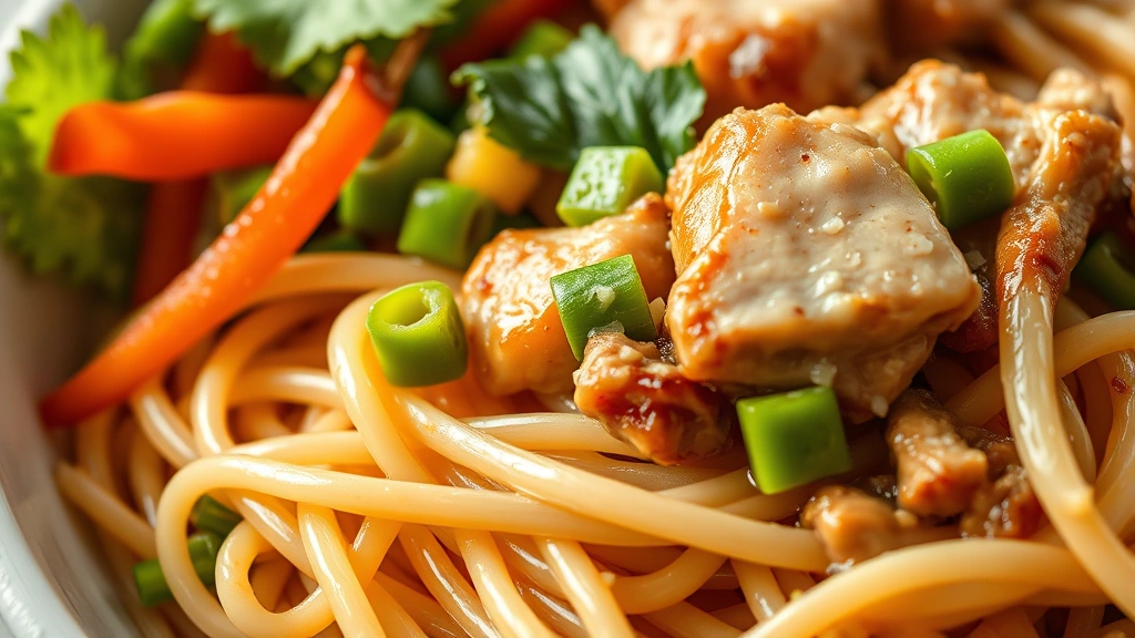 detail: close-up of perfectly coated noodles with pork and vibrant vegetables, photorealistic, macro photography, natural light, no text