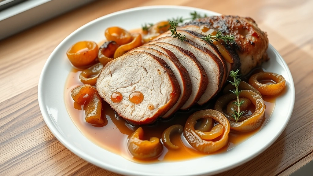 hero: sliced pork loin on white plate with caramelized onions and glossy sauce, fresh thyme garnish, photorealistic, natural window light, top-down angle, no text