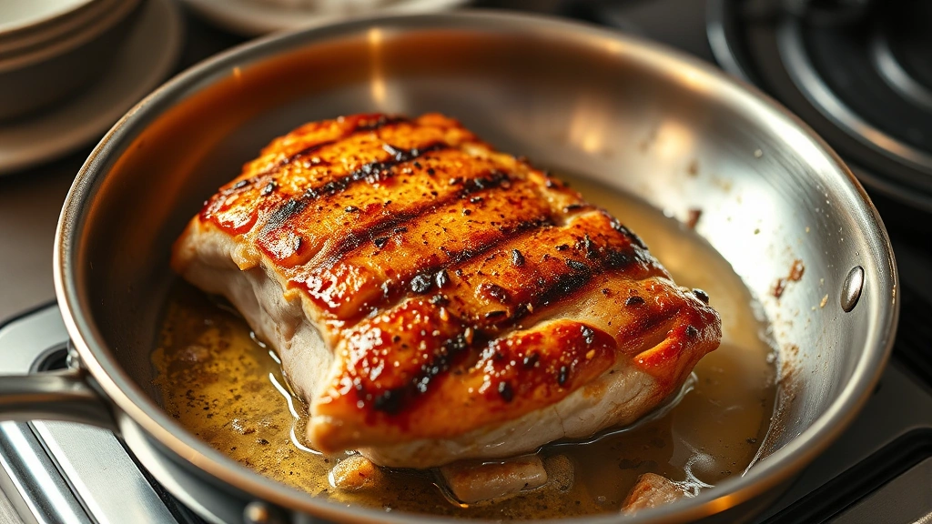 process: golden-brown seared pork loin in stainless steel skillet with sizzling crust, photorealistic, warm kitchen lighting, no text