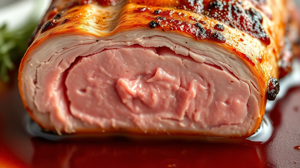 detail: close-up cross-section of perfectly cooked pork loin showing tender pink interior, glossy sauce pooling around meat, photorealistic, macro photography, natural light, no text