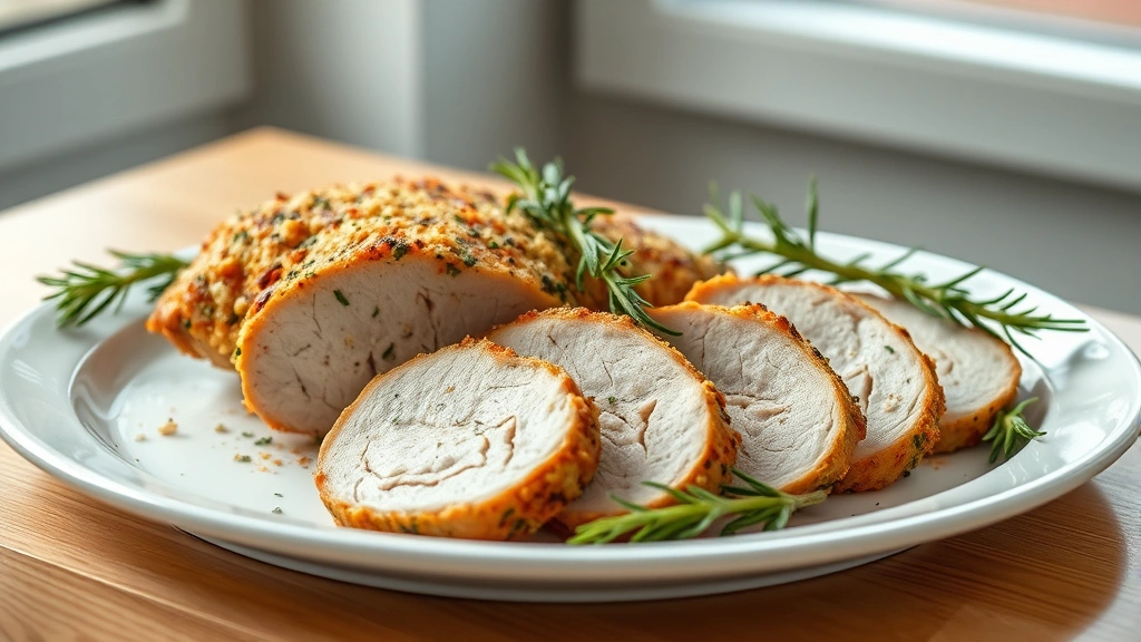 hero: sliced pork loin with golden crust and herbs, on a white platter with fresh rosemary garnish, photorealistic, natural window light, no text