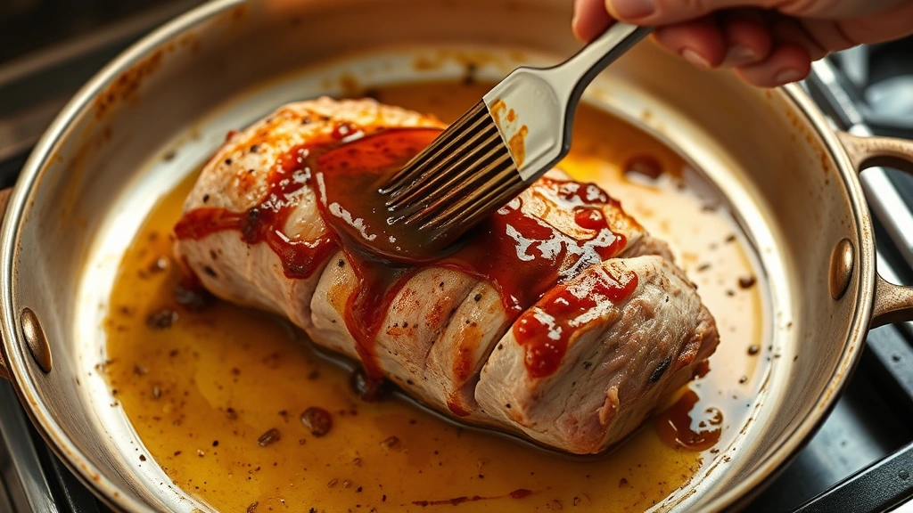 process: pork loin being brushed with marinade in roasting pan, mid-cooking, photorealistic, warm kitchen lighting, no text