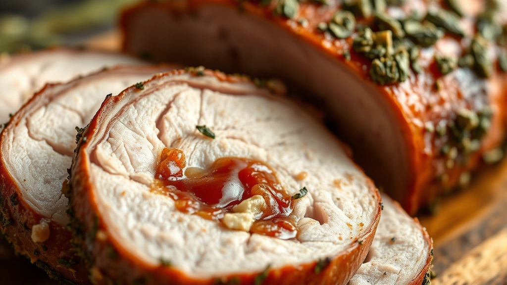detail: close-up of sliced pork loin showing juicy interior and herb-crusted exterior, photorealistic, natural light with shallow depth of field, no text