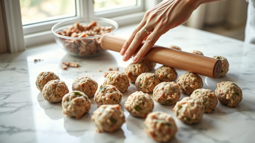 process: hand rolling pork meatball mixture into uniform balls on marble countertop, showing technique and texture, natural daylight from window, close-up perspective